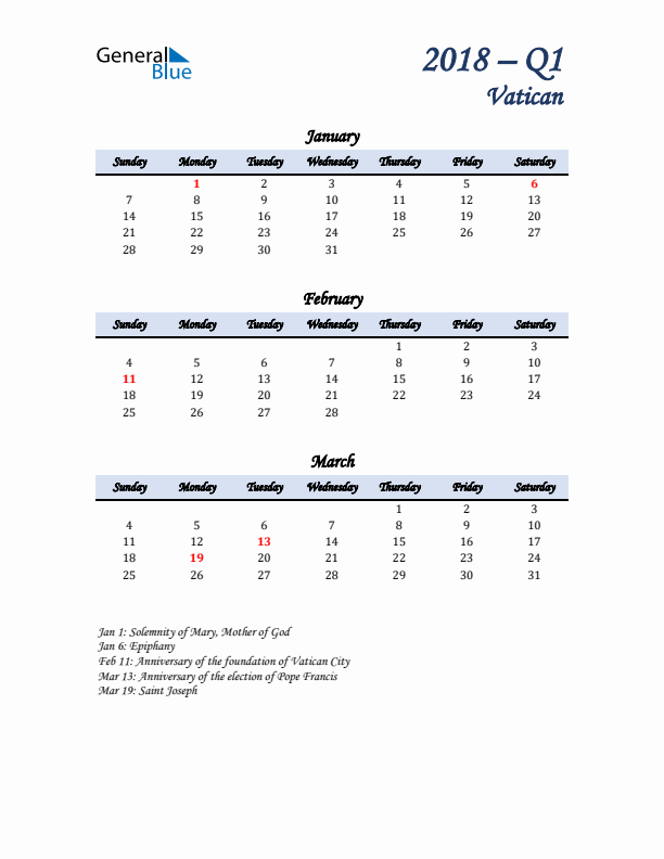 January, February, and March Calendar for Vatican with Sunday Start