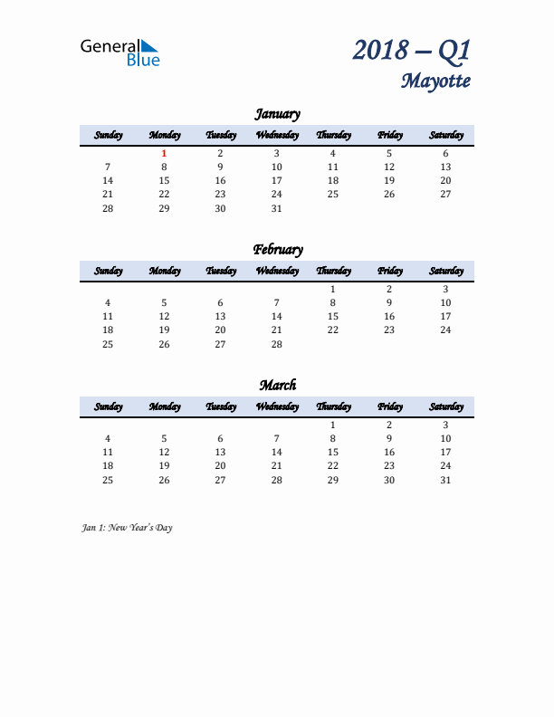 January, February, and March Calendar for Mayotte with Sunday Start