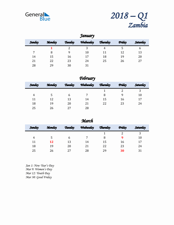 January, February, and March Calendar for Zambia with Sunday Start