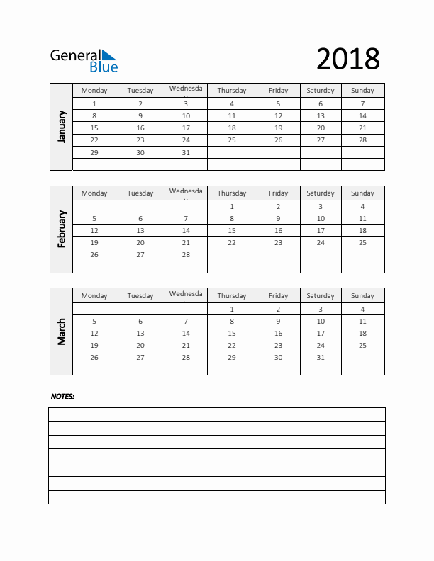 Q1 2018 Calendar with Notes