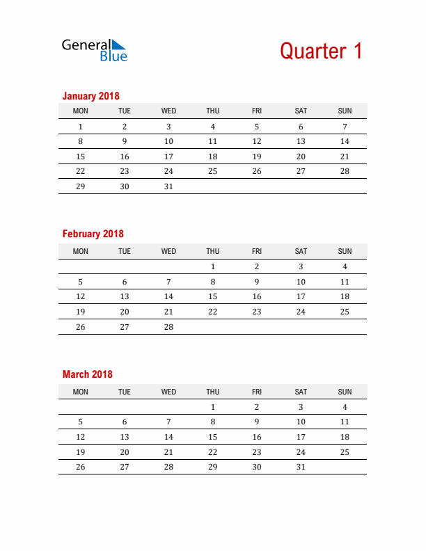 Three-Month Printable Calendar 2018