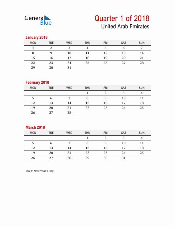 Printable Three Month Calendar with United Arab Emirates Holidays