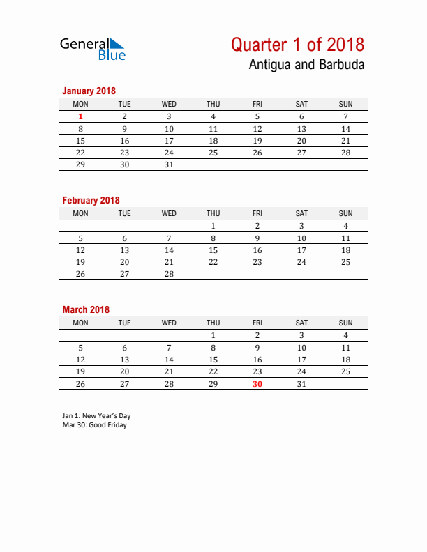 Printable Three Month Calendar with Antigua and Barbuda Holidays