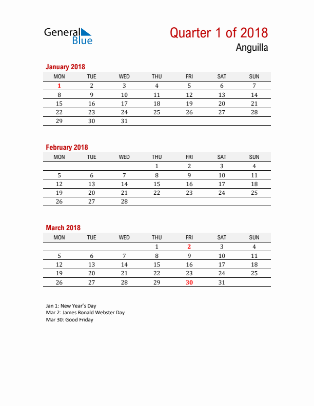 Printable Three Month Calendar with Anguilla Holidays