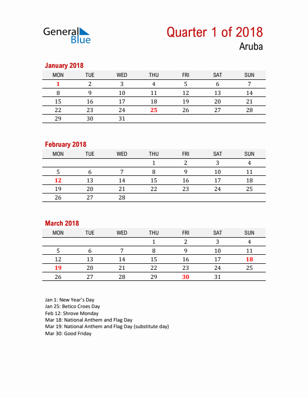 Printable Three Month Calendar with Aruba Holidays