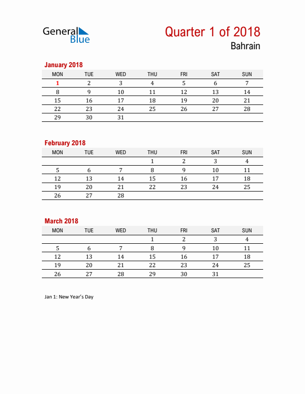 Printable Three Month Calendar with Bahrain Holidays