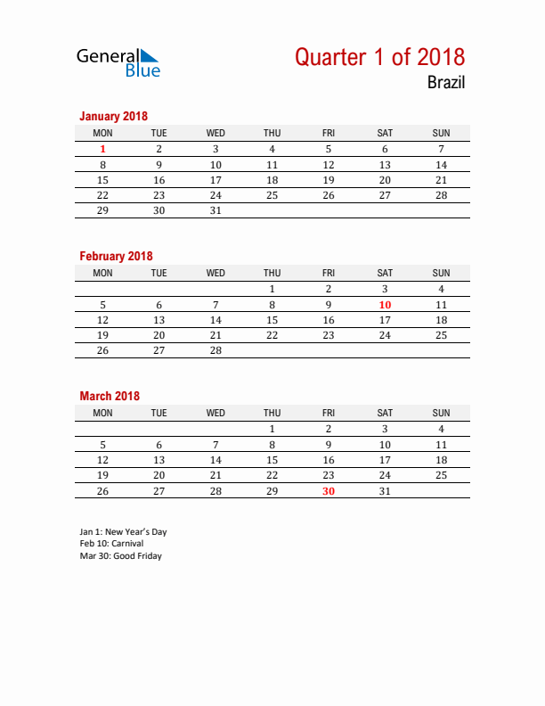 Printable Three Month Calendar with Brazil Holidays