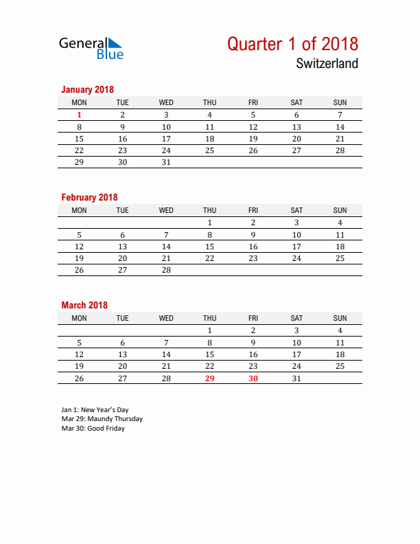 Printable Three Month Calendar with Switzerland Holidays