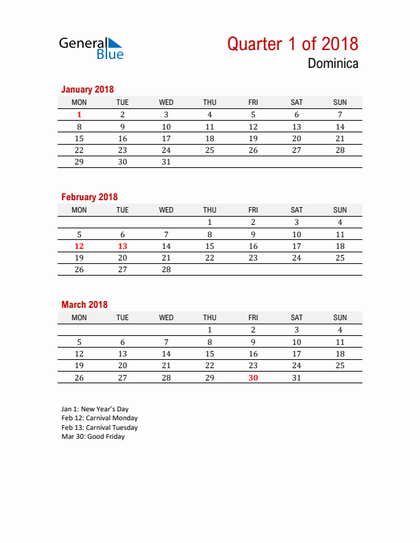 Printable Three Month Calendar with Dominica Holidays