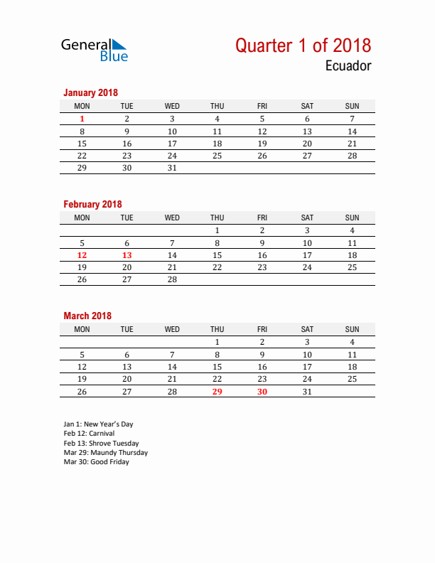 Printable Three Month Calendar with Ecuador Holidays