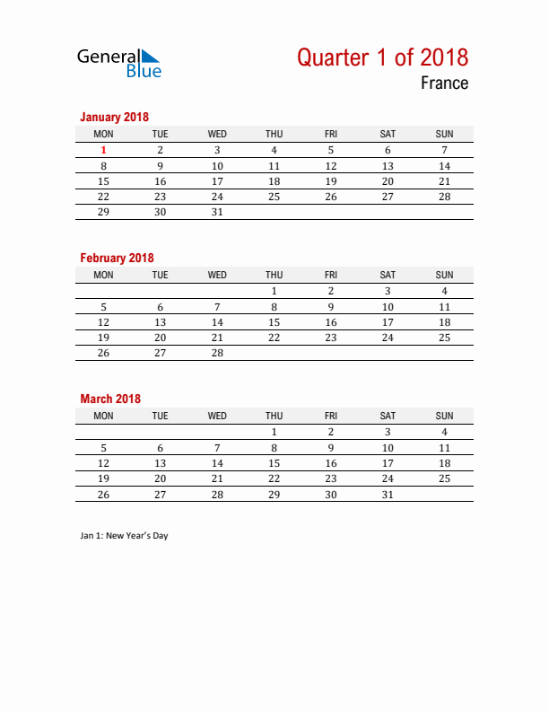 Printable Three Month Calendar with France Holidays