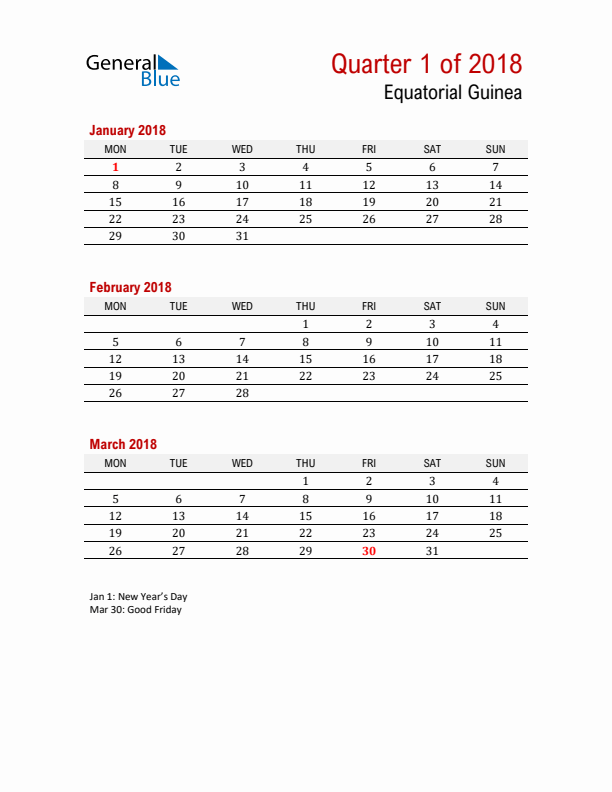 Printable Three Month Calendar with Equatorial Guinea Holidays