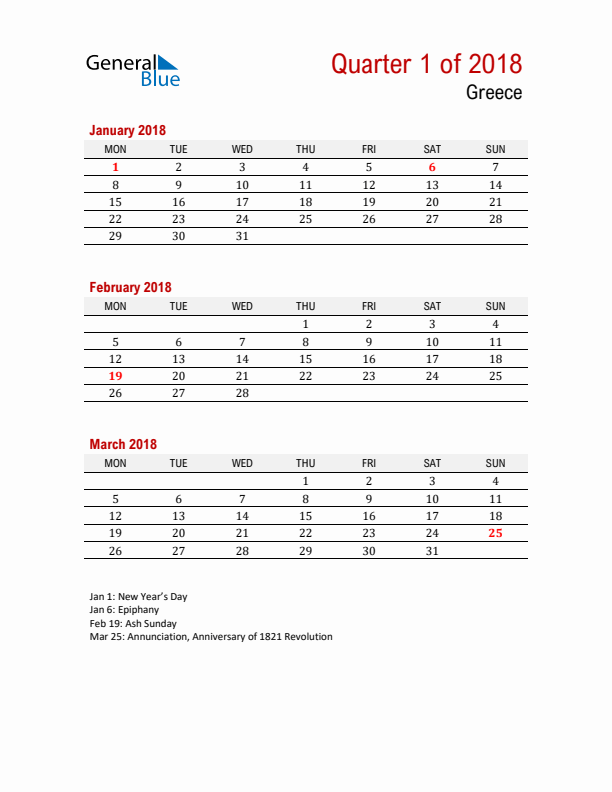 Printable Three Month Calendar with Greece Holidays