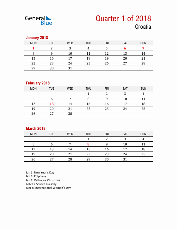 Printable Three Month Calendar with Croatia Holidays