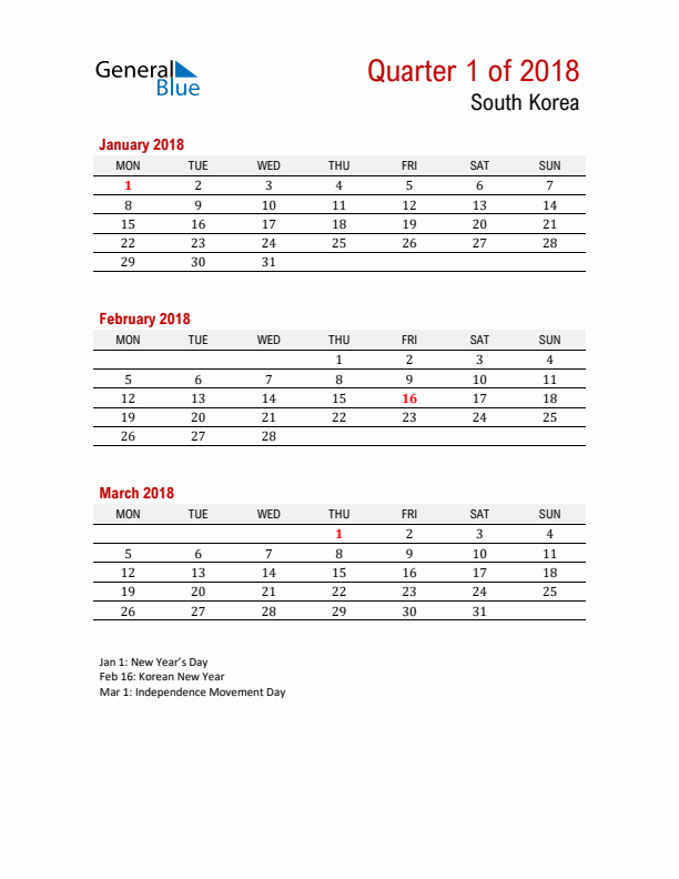 Printable Three Month Calendar with South Korea Holidays