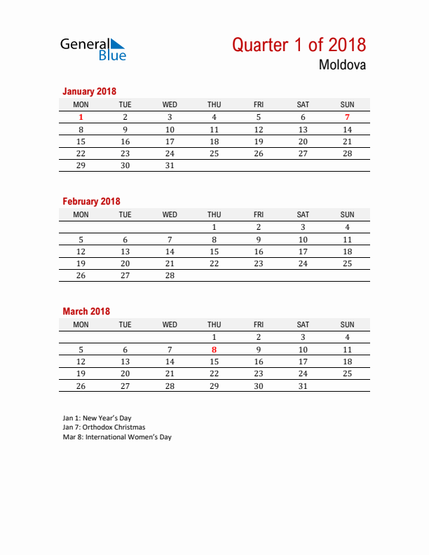 Printable Three Month Calendar with Moldova Holidays