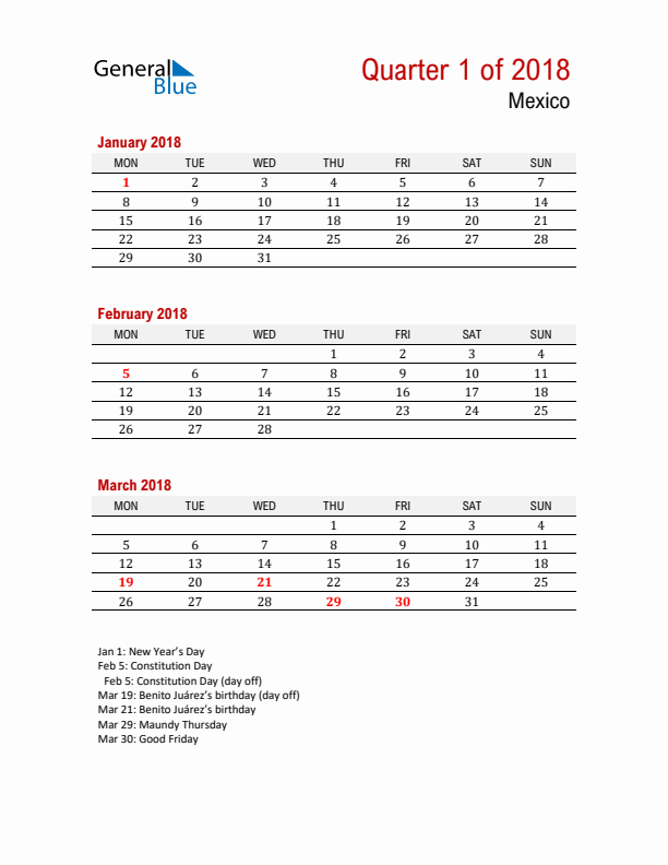 Printable Three Month Calendar with Mexico Holidays