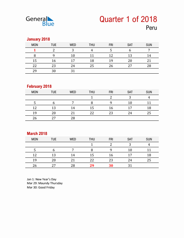 Printable Three Month Calendar with Peru Holidays