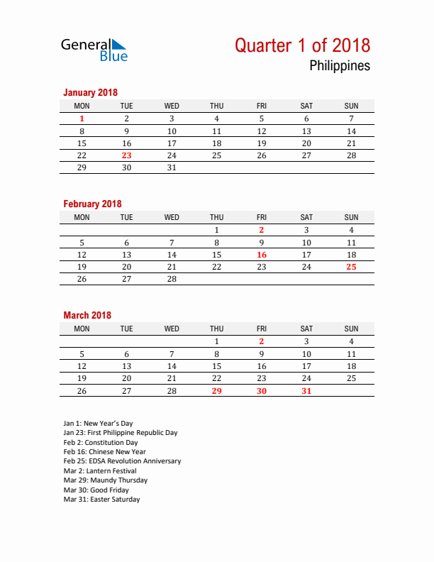 Printable Three Month Calendar with Philippines Holidays