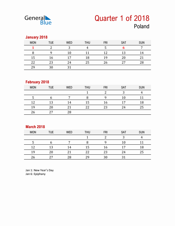 Printable Three Month Calendar with Poland Holidays