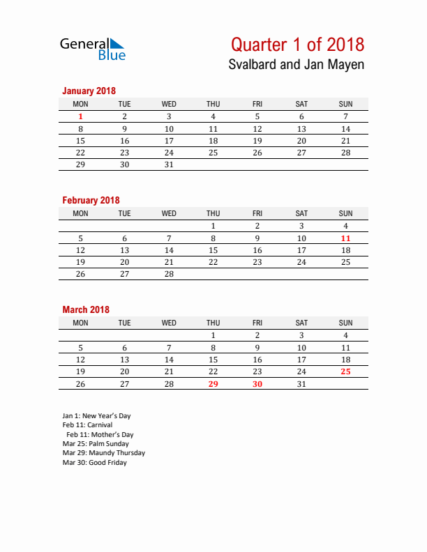 Printable Three Month Calendar with Svalbard and Jan Mayen Holidays