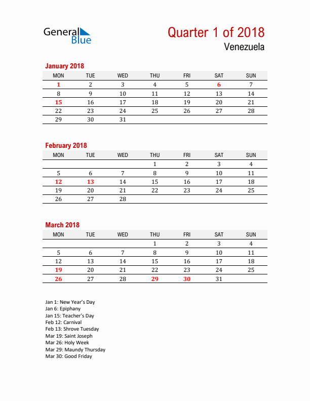 Printable Three Month Calendar with Venezuela Holidays