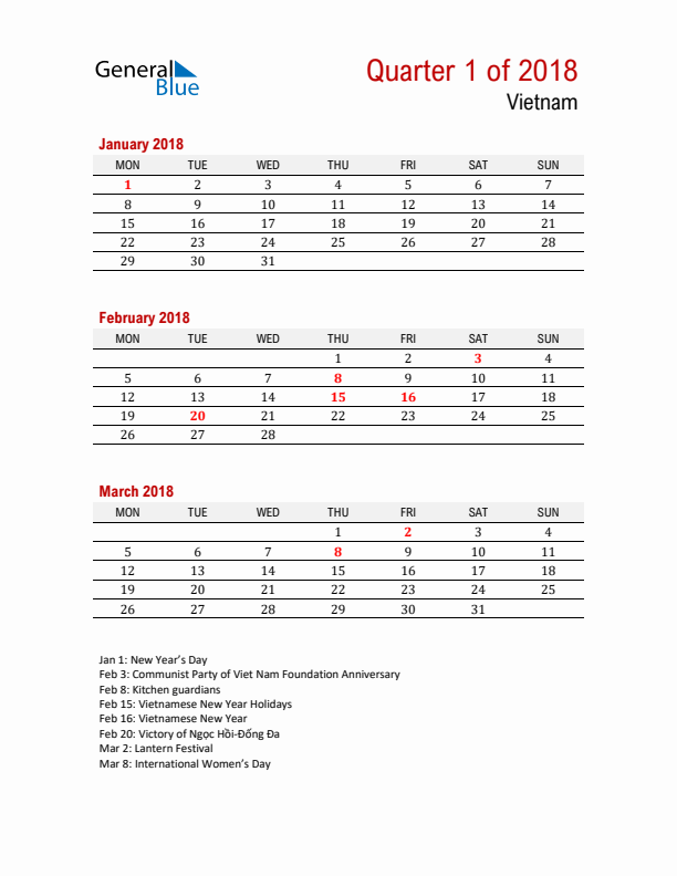 Printable Three Month Calendar with Vietnam Holidays