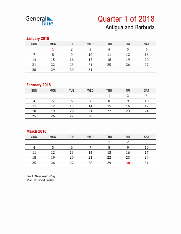 Printable Three Month Calendar with Antigua and Barbuda Holidays