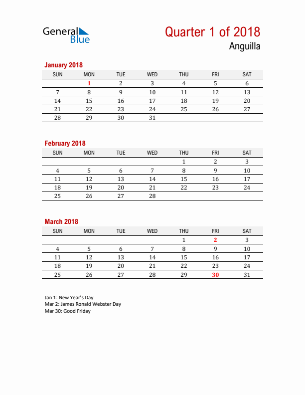 Printable Three Month Calendar with Anguilla Holidays