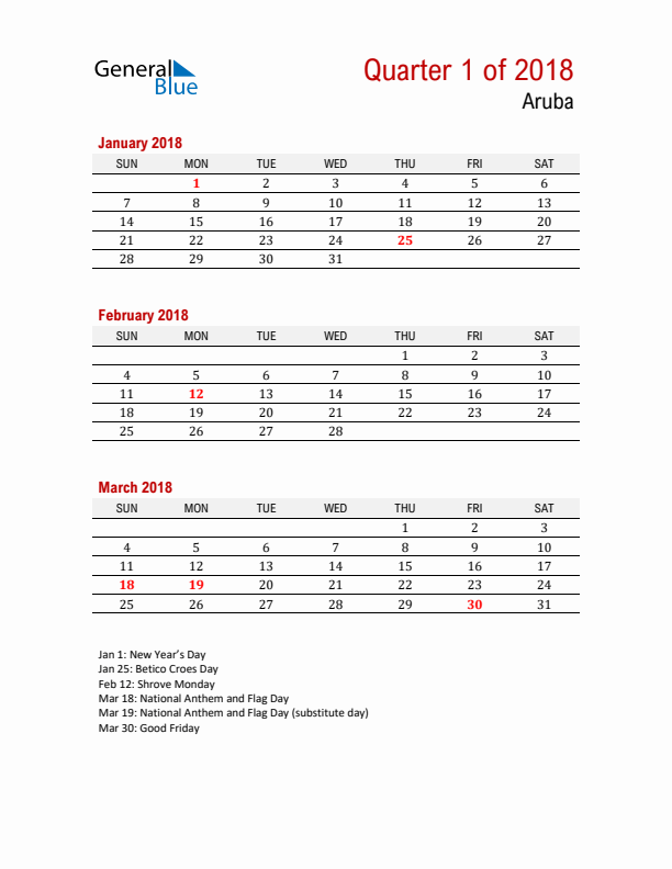 Printable Three Month Calendar with Aruba Holidays