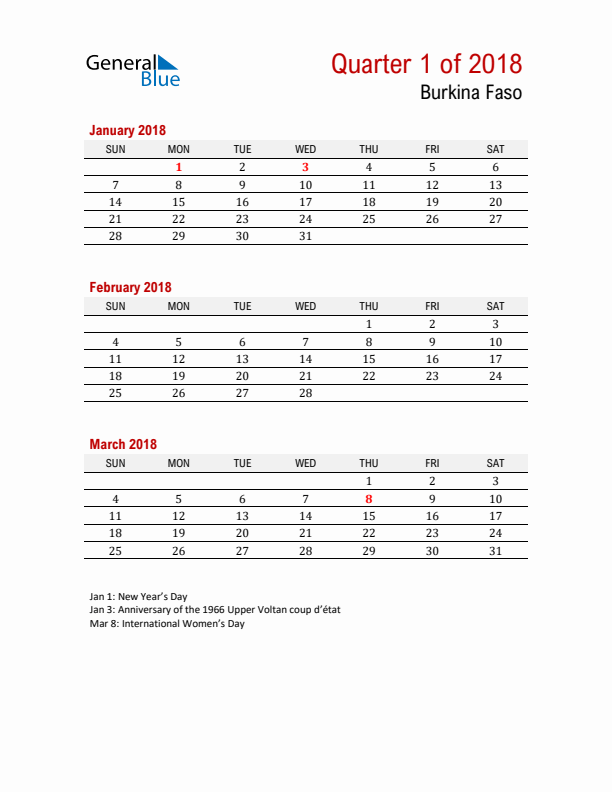 Printable Three Month Calendar with Burkina Faso Holidays