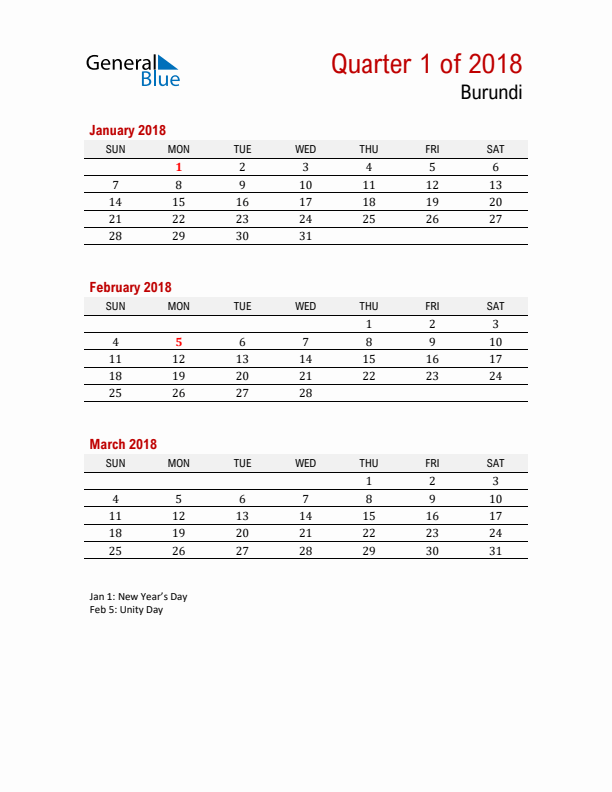 Printable Three Month Calendar with Burundi Holidays