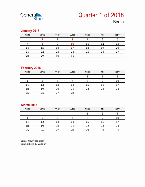 Printable Three Month Calendar with Benin Holidays