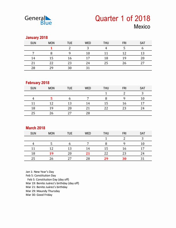 Printable Three Month Calendar with Mexico Holidays