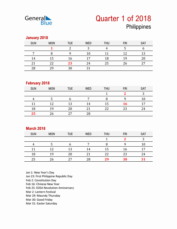 Printable Three Month Calendar with Philippines Holidays