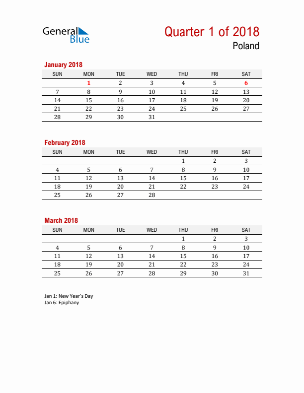 Printable Three Month Calendar with Poland Holidays