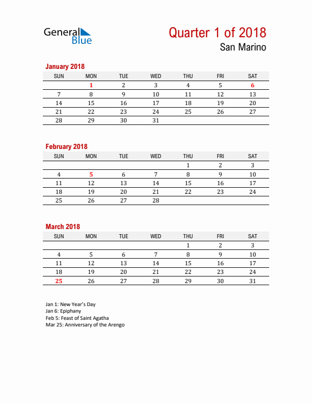 Printable Three Month Calendar with San Marino Holidays