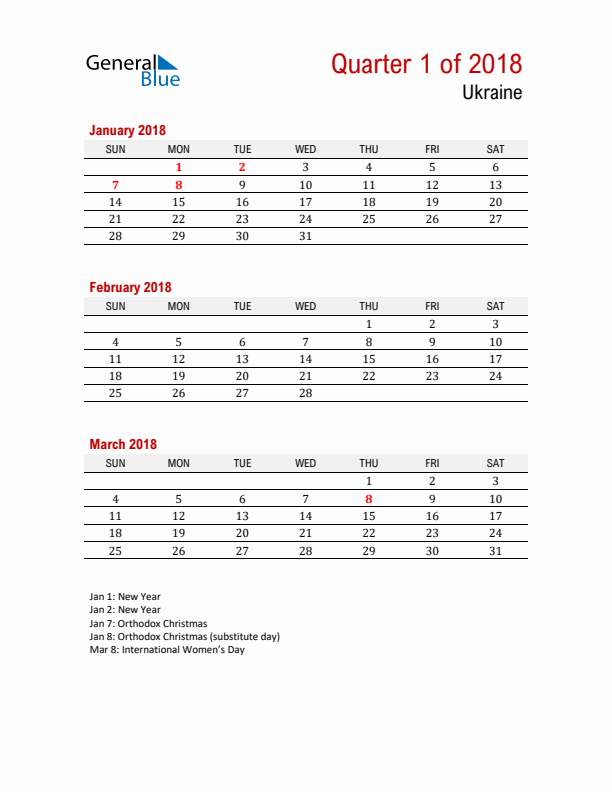 Printable Three Month Calendar with Ukraine Holidays