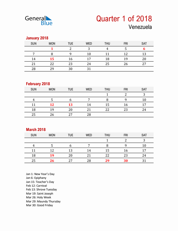 Printable Three Month Calendar with Venezuela Holidays