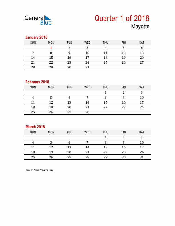 Printable Three Month Calendar with Mayotte Holidays