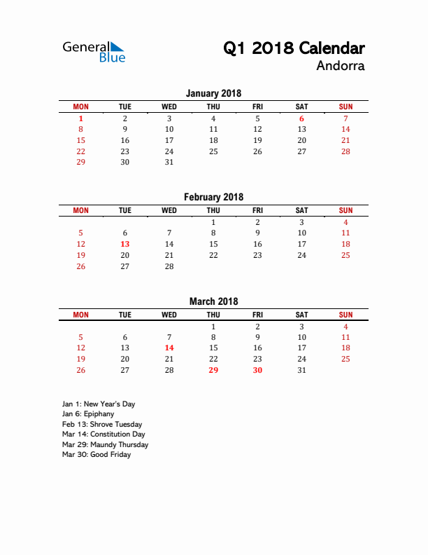 2018 Q1 Calendar with Holidays List for Andorra