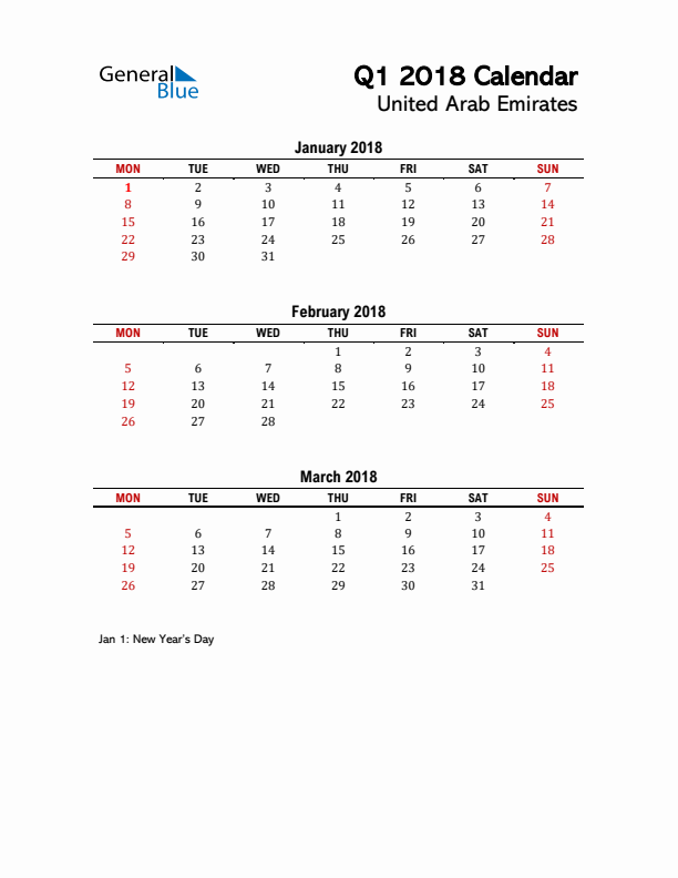 2018 Q1 Calendar with Holidays List for United Arab Emirates