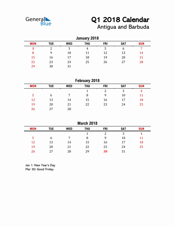 2018 Q1 Calendar with Holidays List for Antigua and Barbuda