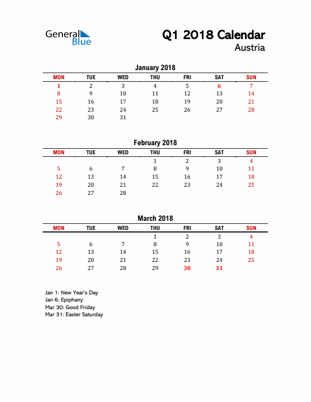 2018 Q1 Calendar with Holidays List for Austria