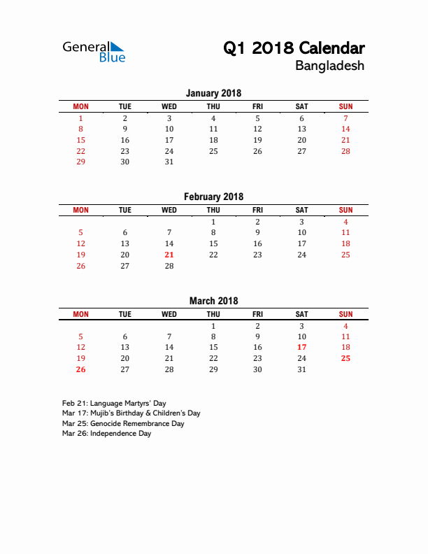 2018 Q1 Calendar with Holidays List for Bangladesh