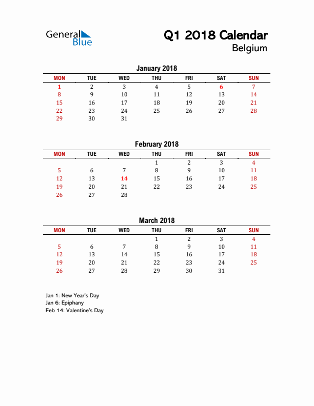 2018 Q1 Calendar with Holidays List for Belgium