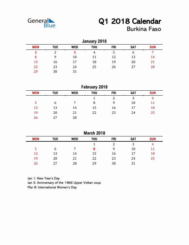 2018 Q1 Calendar with Holidays List for Burkina Faso