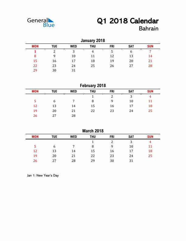 2018 Q1 Calendar with Holidays List for Bahrain