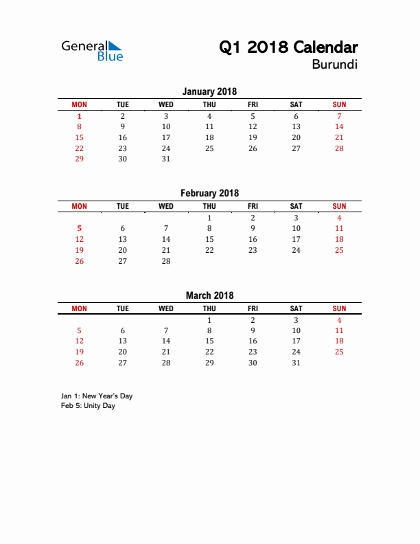 2018 Q1 Calendar with Holidays List for Burundi