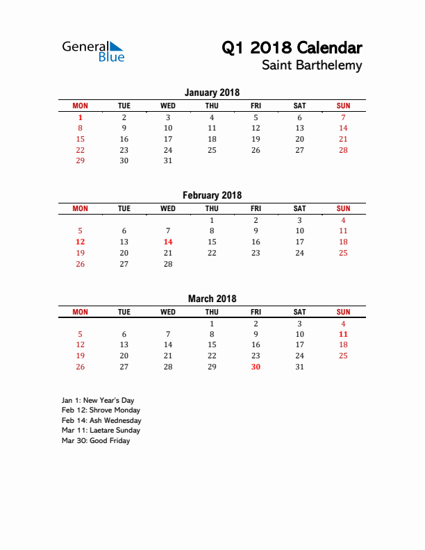 2018 Q1 Calendar with Holidays List for Saint Barthelemy